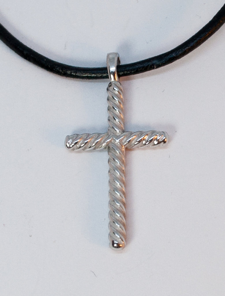 rope silver cross necklace with leather cord,rope silver cross, silver cross pendant 