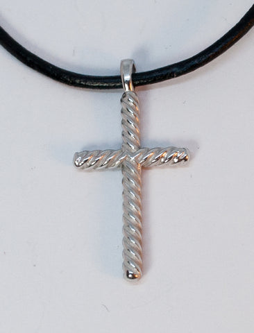 rope silver cross necklace with leather cord,rope silver cross, silver cross pendant 