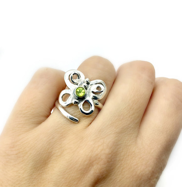 butterfly ring, silver butterfly ring, peridot ring 