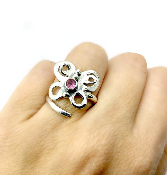 butterfly ring, silver butterfly ring silver adjustable ring, pink tourmaline ring 