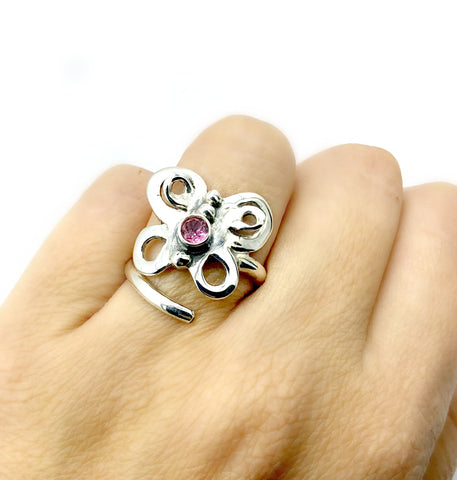 butterfly ring, silver butterfly ring silver adjustable ring, pink tourmaline ring 