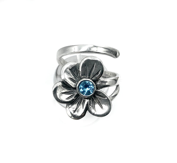 poppy flower ring, blue topaz silver ring, silver ring adjustable 