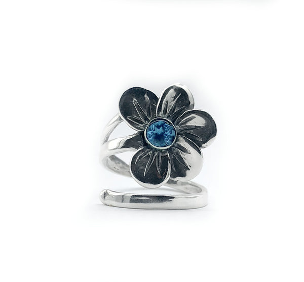 poppy flower ring, blue topaz silver ring, silver ring adjustable 