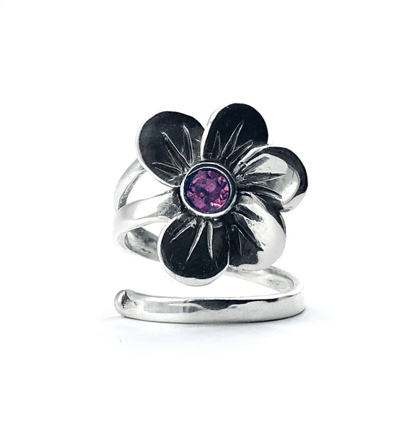 poppy flower ring, pink tourmaline silver ring, silver ring adjustable 