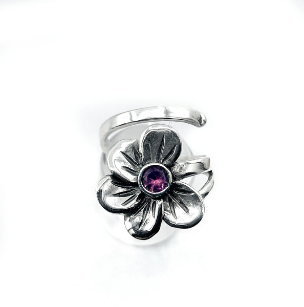 poppy flower ring, pink tourmaline silver ring, silver ring adjustable 