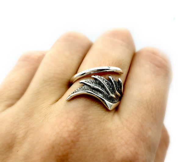 angel wing ring, wing ring, silver wing ring, silver adjustable ring 