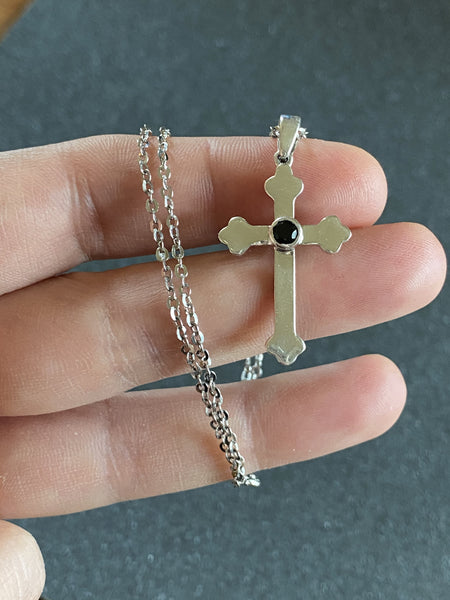 byzantine cross, silver cross necklace with black gemstone 