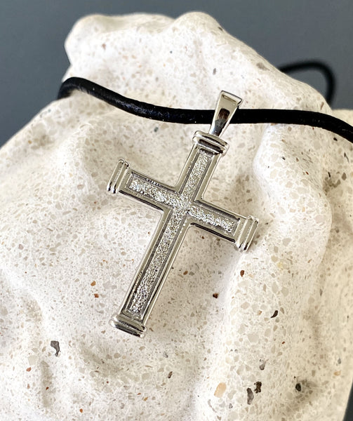 Men's cross necklace with leather cord, white rhodium plated sterling silver cross 