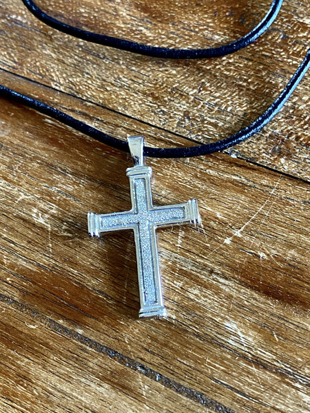 Men's cross necklace with leather cord, white rhodium plated sterling silver cross 