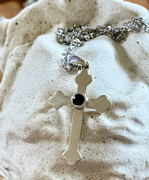 byzantine cross, silver cross necklace with black gemstone 