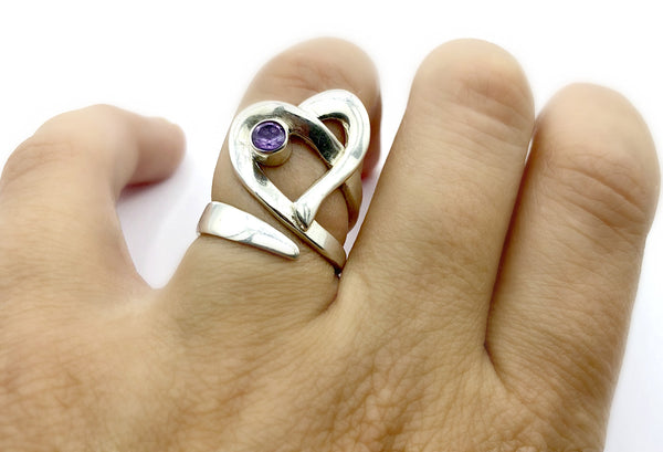 Heart ring, contemporary silver heart amethyst stone, adjustable heart ring 