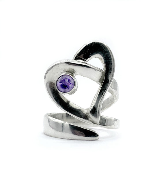 Heart ring, contemporary silver heart amethyst stone, adjustable heart ring 