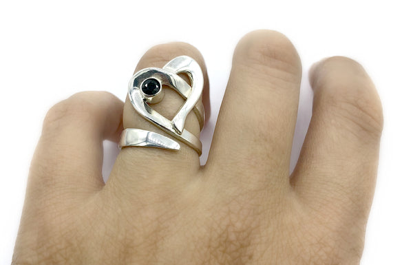 Heart ring, contemporary silver heart ring with black stone, adjustable heart ring 