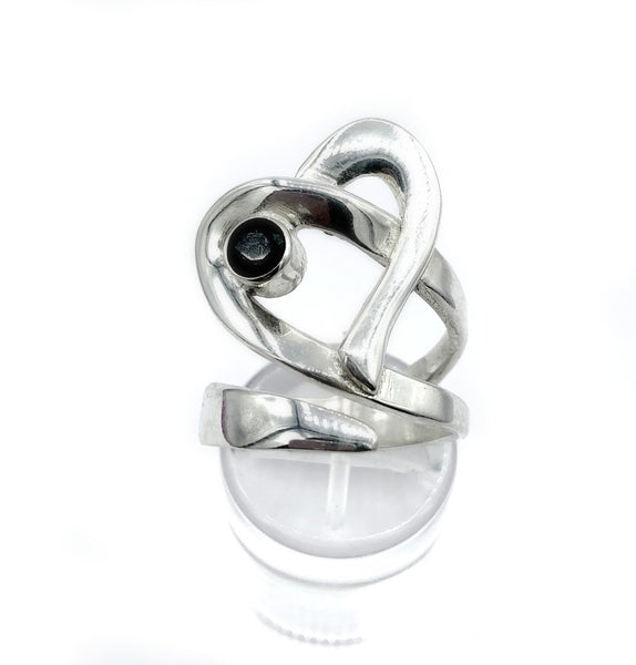 Heart ring, contemporary silver heart ring with black stone, adjustable heart ring 