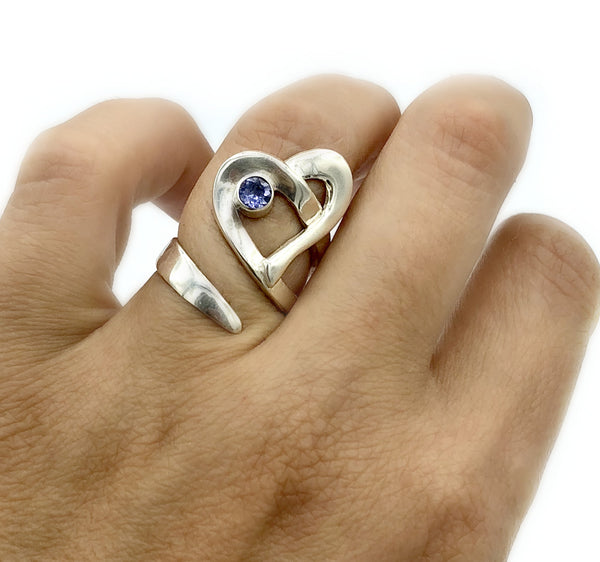 Heart ring, contemporary silver heart blue iolite ring, adjustable heart ring 