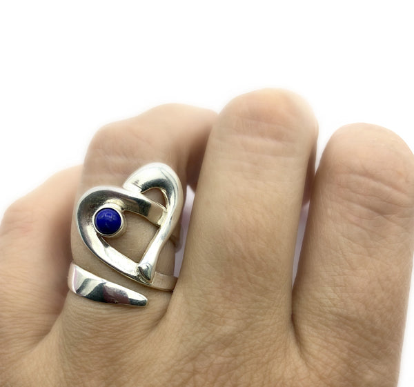 Heart ring, contemporary silver heart blue lapis ring, adjustable heart ring 