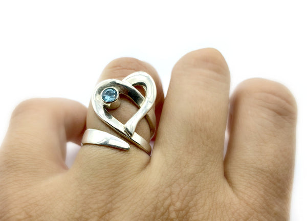 Heart ring, contemporary silver heart blue topaz stone, adjustable heart ring 