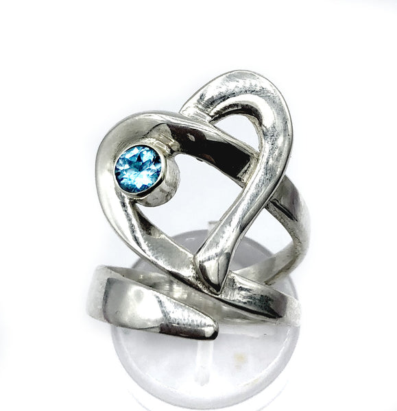 Heart ring, contemporary silver heart blue topaz stone, adjustable heart ring 