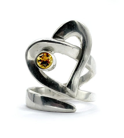 Heart ring, contemporary silver heart citrine stone, adjustable heart ring 