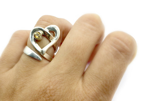 Heart ring, contemporary silver heart citrine stone, adjustable heart ring 