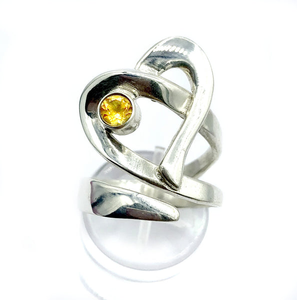 Heart ring, contemporary silver heart citrine stone, adjustable heart ring 