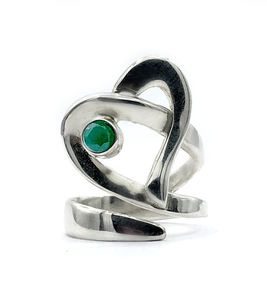 Heart ring, contemporary silver heart ring green agate stone, adjustable heart ring 