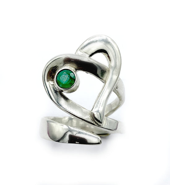 Heart ring, contemporary silver heart ring green agate stone, adjustable heart ring 