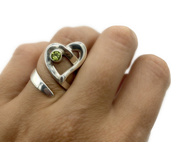 Heart ring, contemporary silver heart ring green peridot stone, adjustable heart ring 