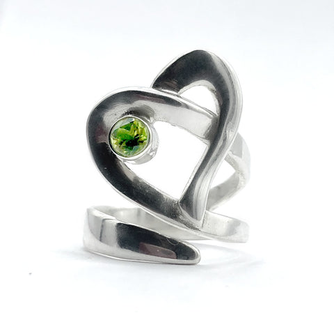Heart ring, contemporary silver heart ring green peridot stone, adjustable heart ring 