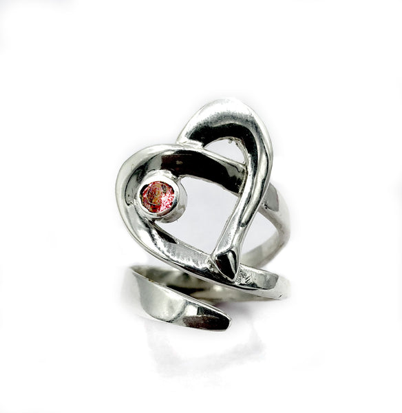 Heart ring, contemporary silver heart ring pink tourmaline stone, adjustable heart ring 