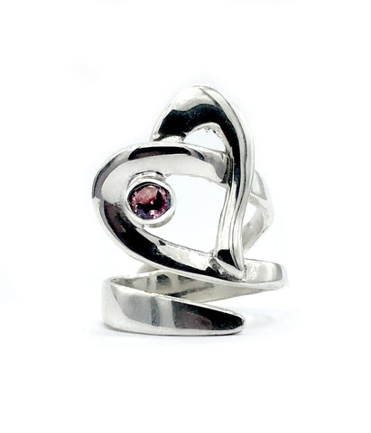 Heart ring, contemporary silver heart ring pink tourmaline stone, adjustable heart ring 
