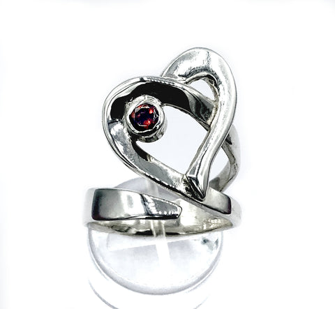 Heart ring, contemporary silver ring, red garnet ring, adjustable heart ring 