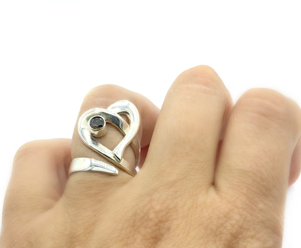 Heart ring, contemporary silver heart smoky quartz ring, adjustable heart ring 