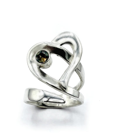 Heart ring, contemporary silver heart smoky quartz ring, adjustable heart ring 