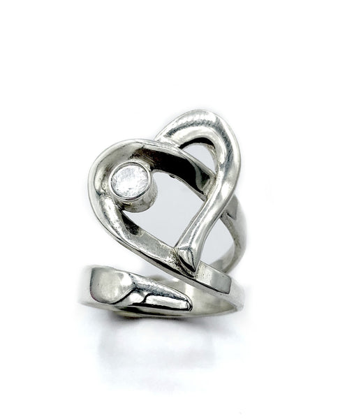 Heart ring, contemporary silver heart ring zircon stone, adjustable heart ring 