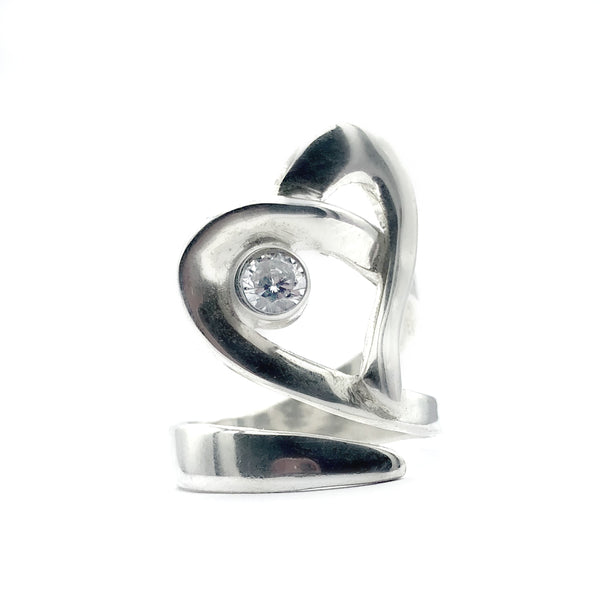 Heart ring, contemporary silver heart ring zircon stone, adjustable heart ring 