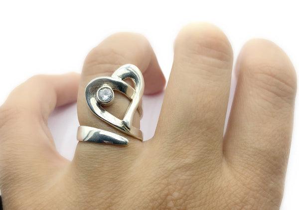 Silver heart ring, heart ring zircon gemstone, adjustable ring 