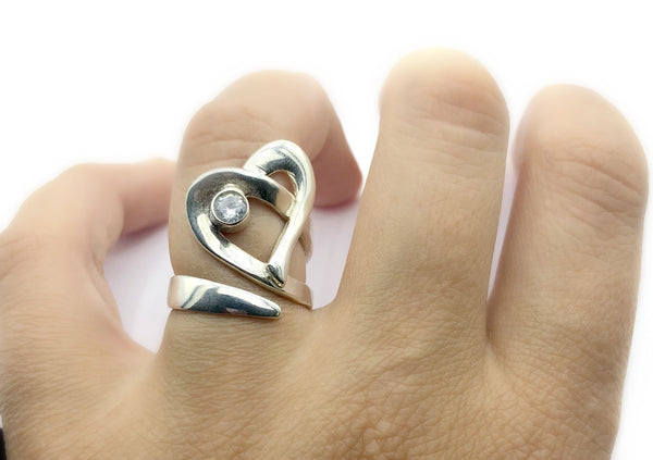 Heart ring, contemporary silver heart ring zircon stone, adjustable heart ring 