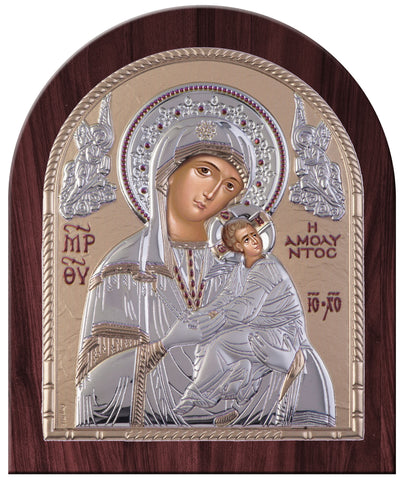 Virgin Mary Amolyntos Greek Orthodox Silver Icon, Gold 20 x 24.5cm 