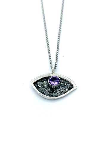 Evil eye pendant, amethyst stone, small evil eye pendant silver chain 