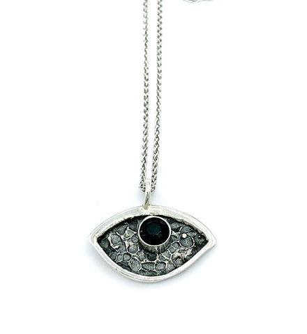 small Evil Eye pendant, black gemstone, small evil eye pendant silver chain 