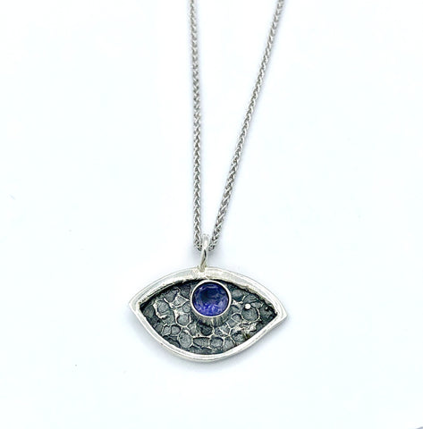 Small Evil Eye pendant, blue iolite gemstone, small evil eye pendant silver chain 