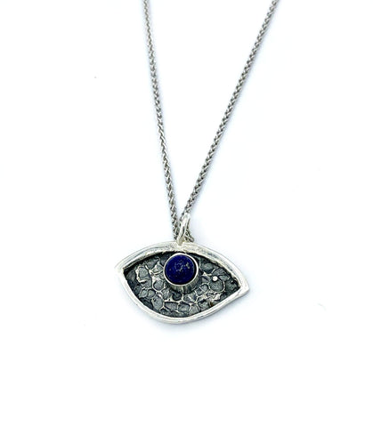 Evil eye pendant, blue lapis stone, evil eye small pendant silver chain 