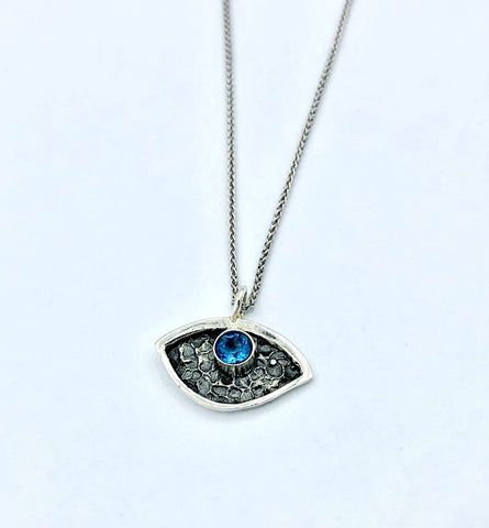 Evil eye pendant, blue topaz stone, small evil eye pendant silver chain 