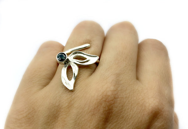 flower ring, smoky quartz silver ring, one size fits all ring, modern ring 