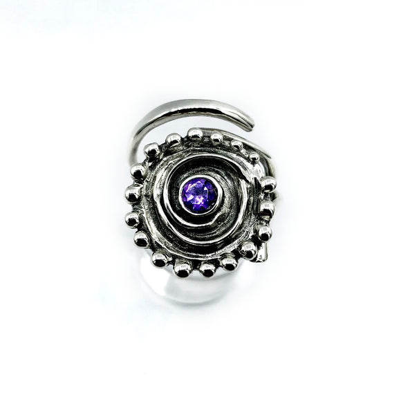 large sun ring, swirl ring, large silver sun ring amethyst ring 