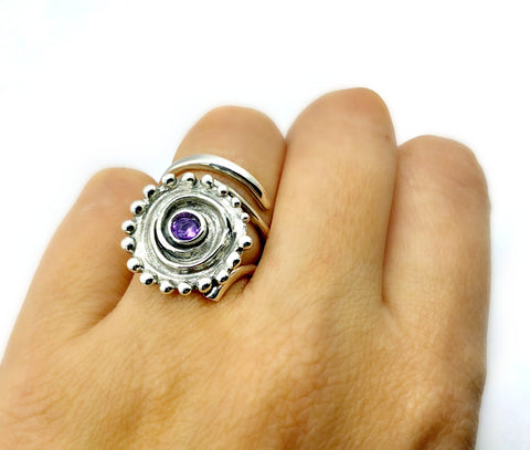 large sun ring, swirl ring, large silver sun ring amethyst ring 