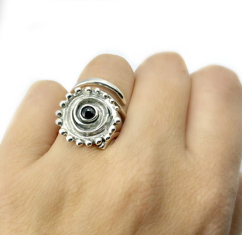 sun ring, swirl ring, large silver sun ring black spinel ring 