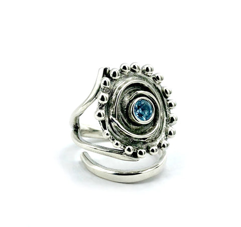 Sun Ring, swirl ring, large silver sun ring blue topaz ring 