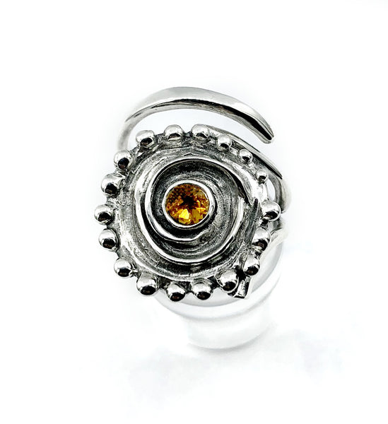 Sun ring, swirl ring, large silver sun ring citrine ring 